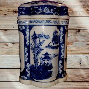 Chinese-Style Blue and White Lidded Canister - Hand Painted Porcelain Marked